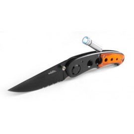 Navaja Con Mango Metal Negro/Tipo Madera Con Clip, LED, Hoja Lisa-Sierra De 7.5 Cm