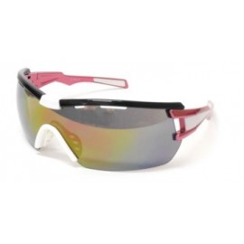 Lentes Deportivo armazon Negro, Micas Humo, Espejo Tornasol, Varillas Fiusha Con Blanco