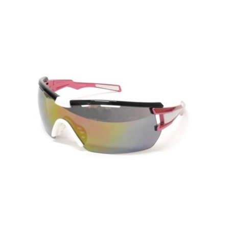 Lentes Deportivo armazon Negro, Micas Humo, Espejo Tornasol, Varillas Fiusha Con Blanco