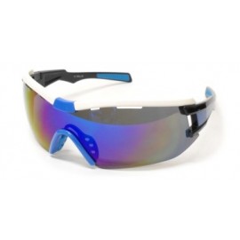 Lentes Deportivo armazon Blanco, Micas Humo, Espejo Tornasol, Varillas Negro Con Azul