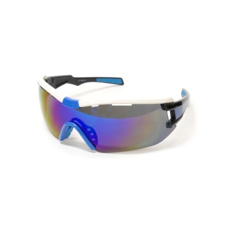 Lentes Deportivo armazon Blanco, Micas Humo, Espejo Tornasol, Varillas Negro Con Azul